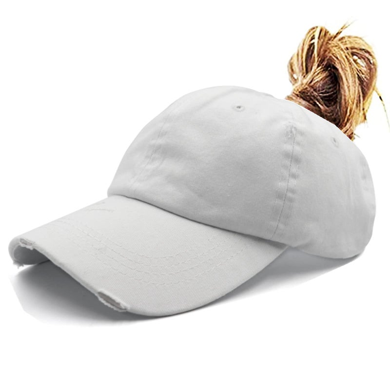ProMindFun Womens Ponytail High Messy Bun Hats Distressed Baseball Caps Unconstructed Washed Dad Hat Girls Trucker Ponycaps (06-White) - Image 4